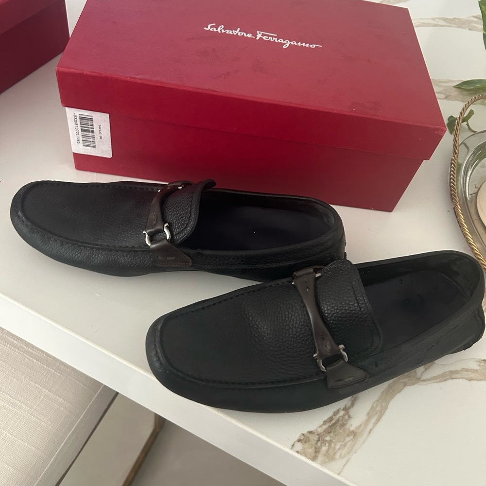 Salvatore Ferragamo Black Slip-On Loafers with Metal Detail